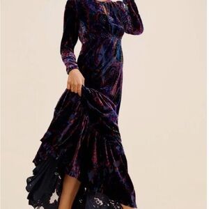 Anthropologie Burnout Maxi dress. Long sleeve. Velvet.